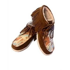 NEW GYPSY JAZZ women's mooma with fringe shoes in tan & turquoise